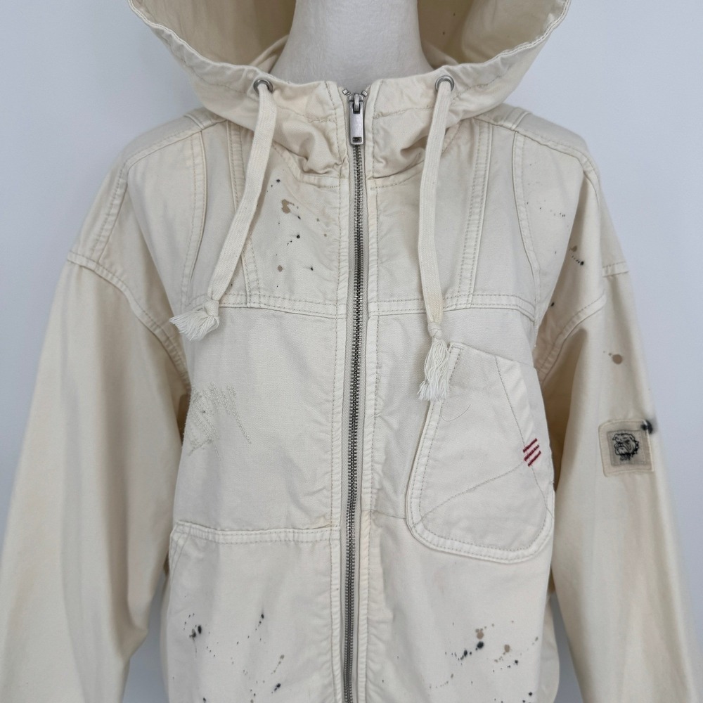 BDG Hooded Jacket Size Medium Cream Paint Splatter Workwear Grunge Casual Street - Picture 3 of 12
